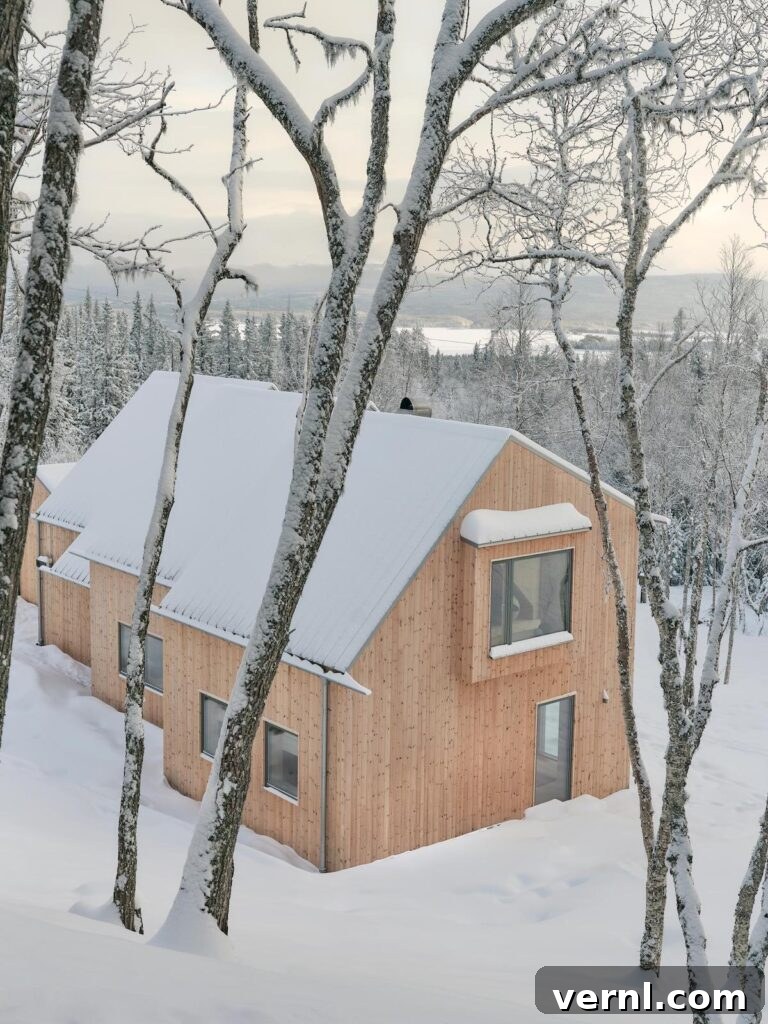 Modern Mountain Cabin: A Stunning Design Retreat 9 A snow-covered mountain cabin retreat surrounded by frosted trees in a serene winter landscape.