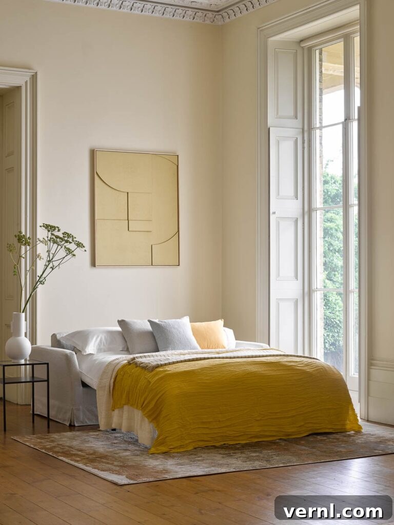 6 Colors That Complement Magnolia Walls for a Timeless Look 11 Minimalist bedroom with a neutral color palette, featuring magnolia walls a mustard yellow duvet, soft layered bedding, and a modern abstract wall art piece.