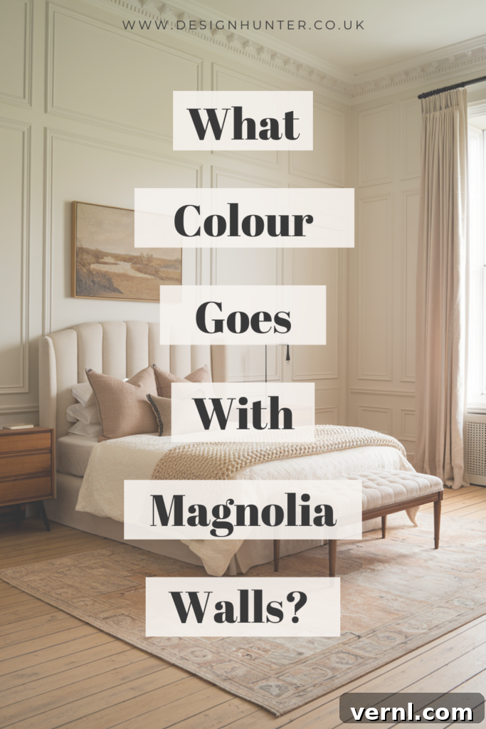 6 Colors That Complement Magnolia Walls for a Timeless Look 12 Elegant bedroom with magnolia walls, a neutral bed, warm-toned decor, and soft lighting.
