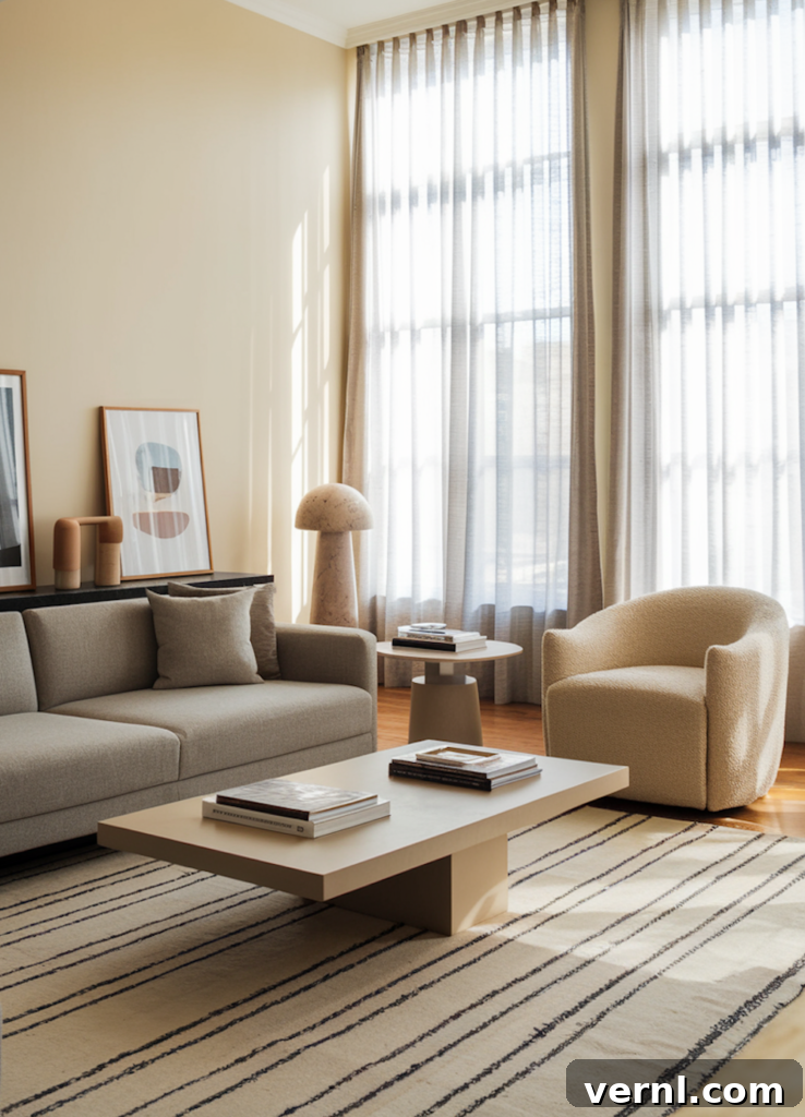 6 Colors That Complement Magnolia Walls for a Timeless Look 4 Contemporary living room with magnolia and grey decor, including a plush rug, abstract artwork, and elegant floor-to-ceiling sheer curtains.