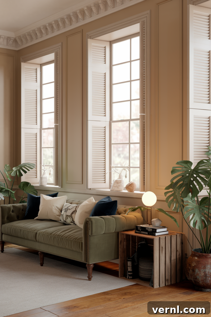 6 Colors That Complement Magnolia Walls for a Timeless Look 6 A Magnolia living room featuring an olive green tufted velvet sofa, wooden side table, and large windows with white shutters, creating a warm and elegant atmosphere.