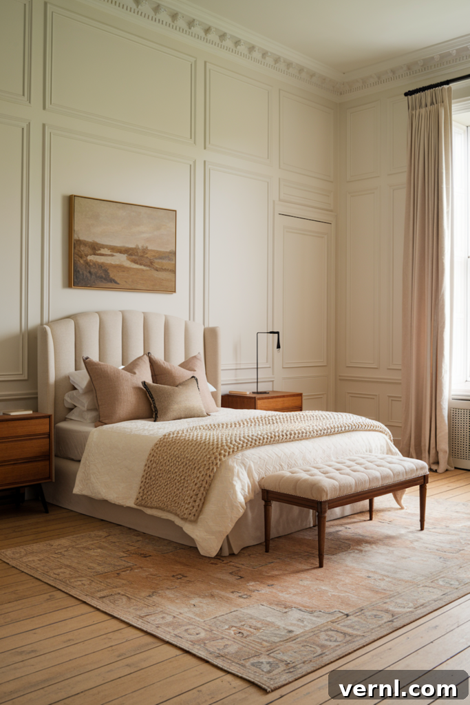 6 Colors That Complement Magnolia Walls for a Timeless Look 8 Warm and inviting bedroom with neutral decor, layered textiles, an upholstered bed, wooden nightstands, and soft linen curtains.