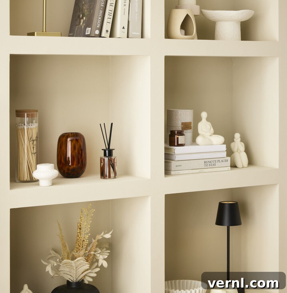 Refresh a Room That Feels Off Using Only Items You Already Own 2 A minimalist built-in shelving unit with neatly arranged decorative objects, including books, vases, candles, reed diffusers, and sculptural figurines in neutral tones. The shelves feature a harmonious mix of textures and shapes, creating a stylish and curated aesthetic.