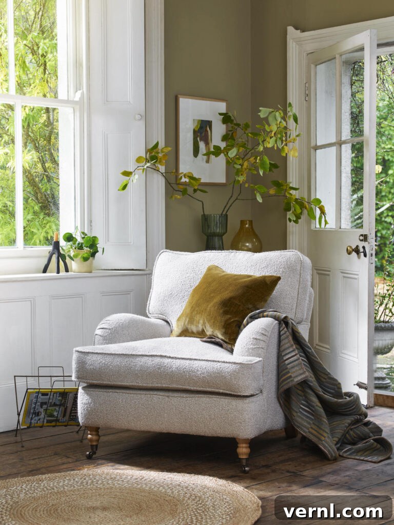 Refresh a Room That Feels Off Using Only Items You Already Own 3 A cozy reading nook with a textured armchair, a velvet pillow, and a striped throw blanket, set by an open door with greenery outside. The space features warm natural tones, wooden floors, and soft lighting.
