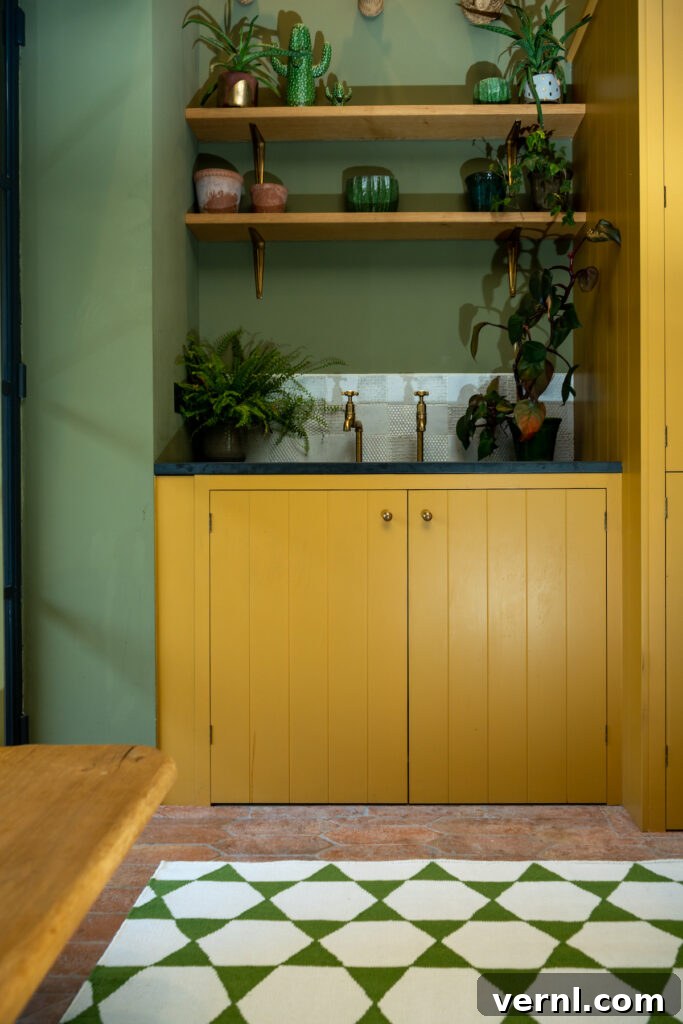 Refresh a Room That Feels Off Using Only Items You Already Own 5 A stylish kitchen corner with mustard yellow cabinets, open wooden shelves adorned with potted plants and ceramics, and a dark countertop with brass faucets. The green walls and geometric-patterned rug add a bold, modern touch.