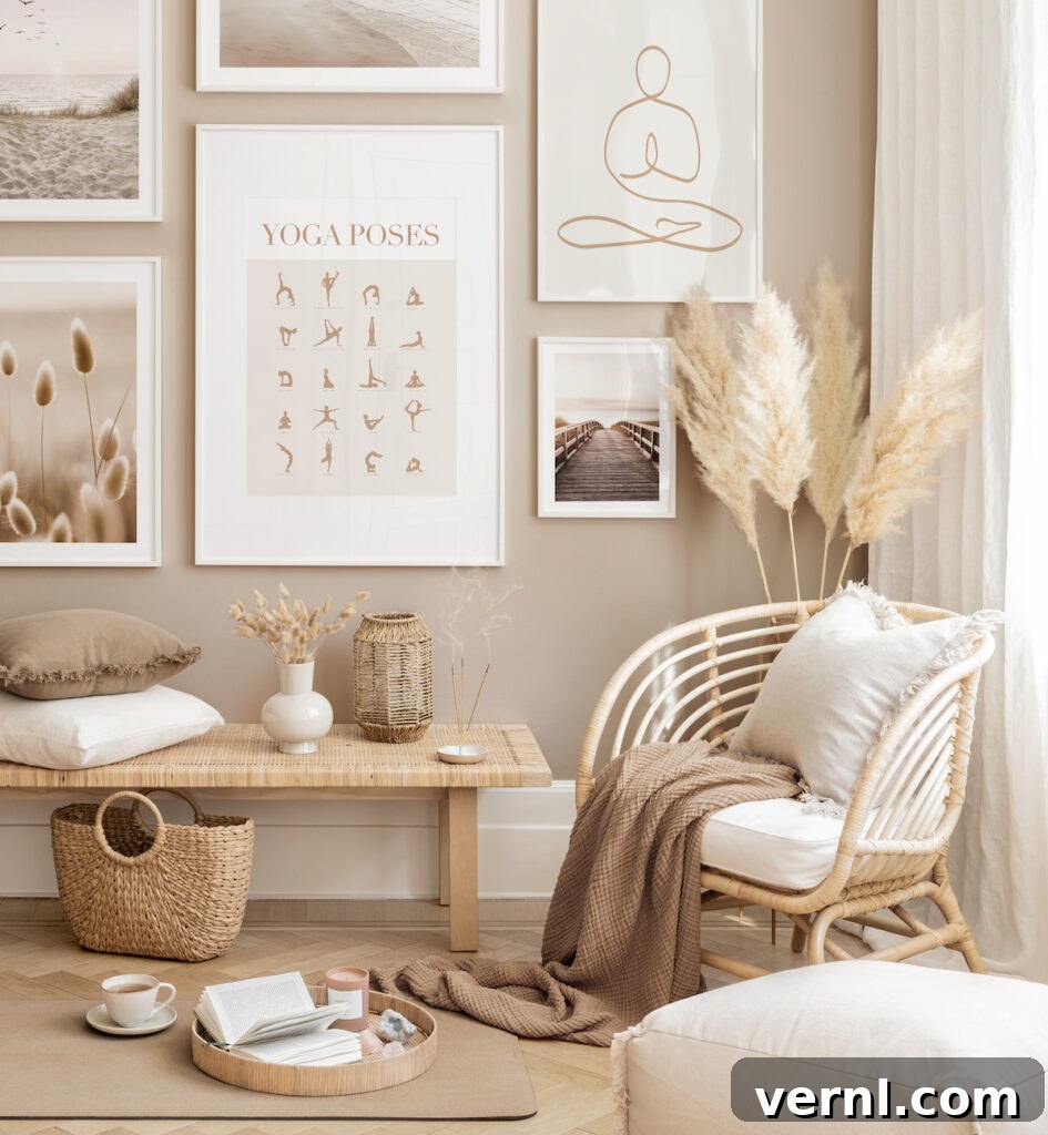 Refresh a Room That Feels Off Using Only Items You Already Own 7 A cozy, neutral-toned living space with a rattan chair, soft textiles, a yoga mat, and a gallery wall featuring yoga and nature-inspired artwork. The room is styled with pampas grass, woven baskets, and calming decor.
