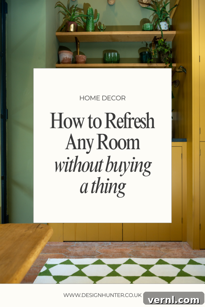 Refresh a Room That Feels Off Using Only Items You Already Own 9 A green and yellow room with the text overlay "how to refresh any room without buying a thing"