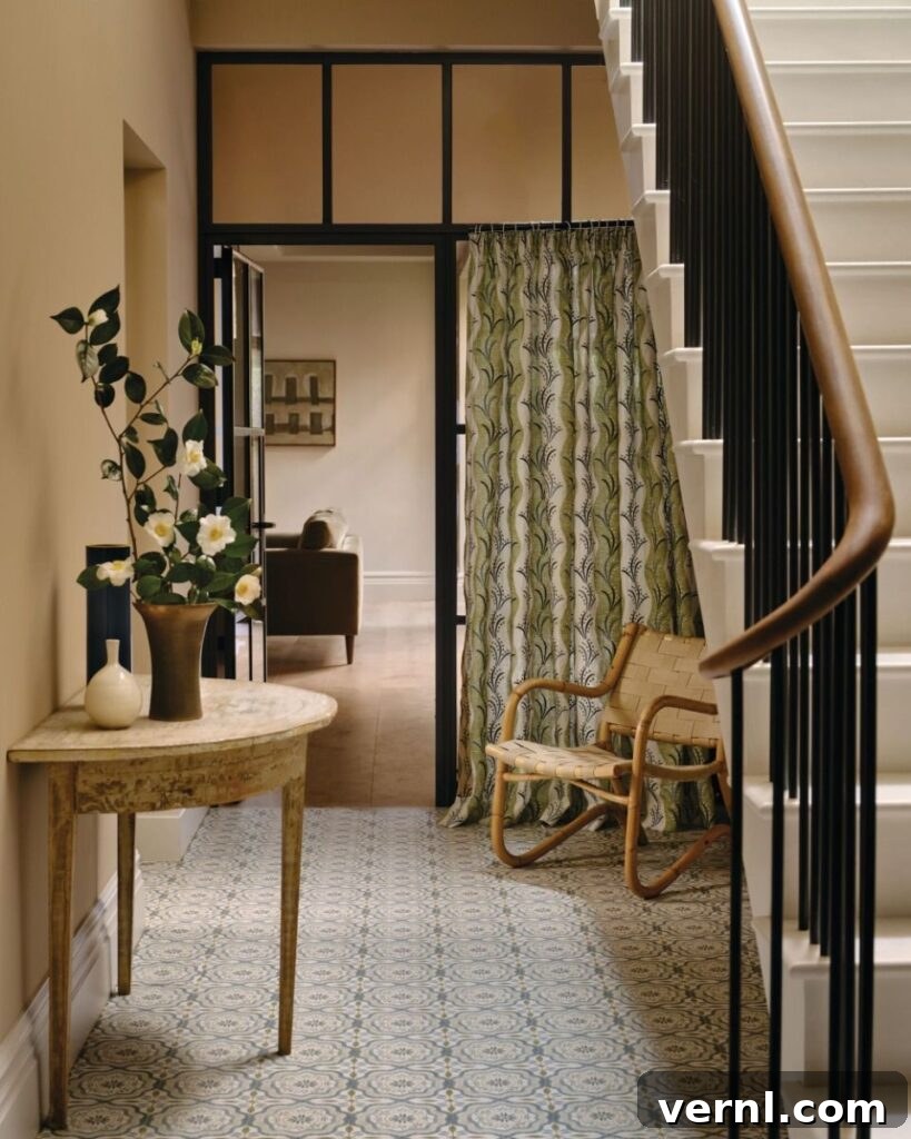 hallway with floor tiled in cochin blue tiles by nina campbell for fired earth
