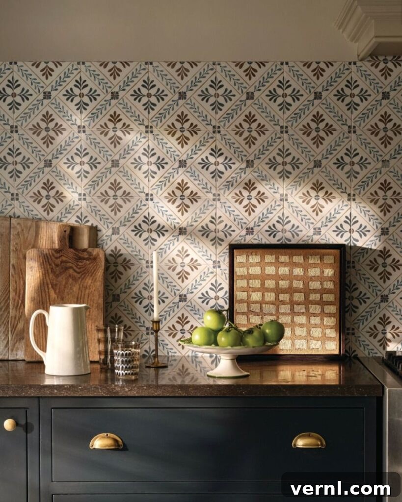 Close up of a kitchen featuring Goa tiles from the Fired Earth Nina Campbell tile collection.
