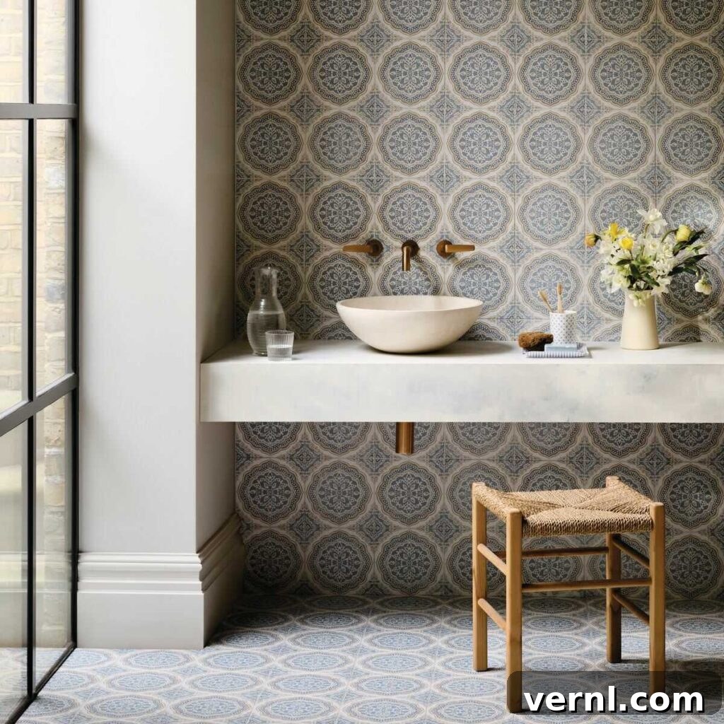 Blue tiled bathroom with tiles by Nina Campbell for FIred Earth.