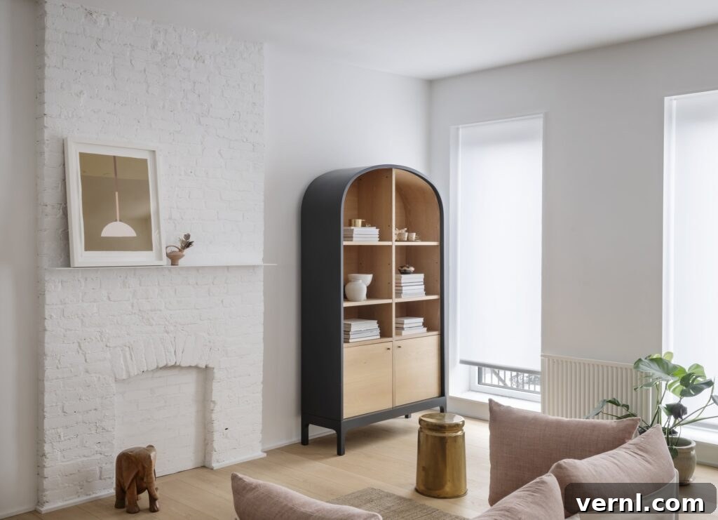 Brooklyn Row House Renovation for Modern Family Living 3
White living room with pink sofa, arched wood bookcase, and painted brick fireplace.