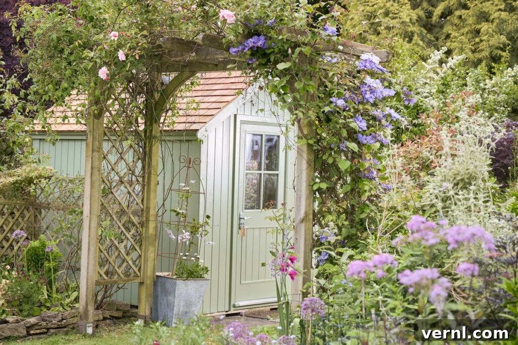 Shed Color Trends 2025 Popular Shades Homeowners Choose 3 A sage green shed is a romantic English country garden.