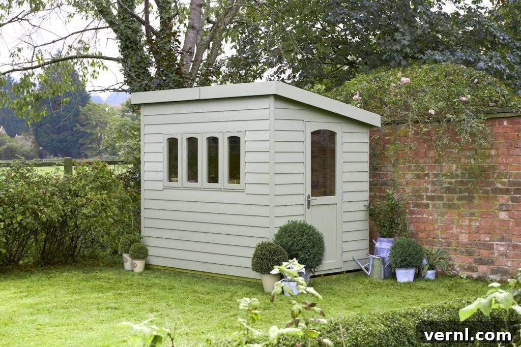 Shed Color Trends 2025 Popular Shades Homeowners Choose 5 A pale green potting shed in the corner of a lawned garden.