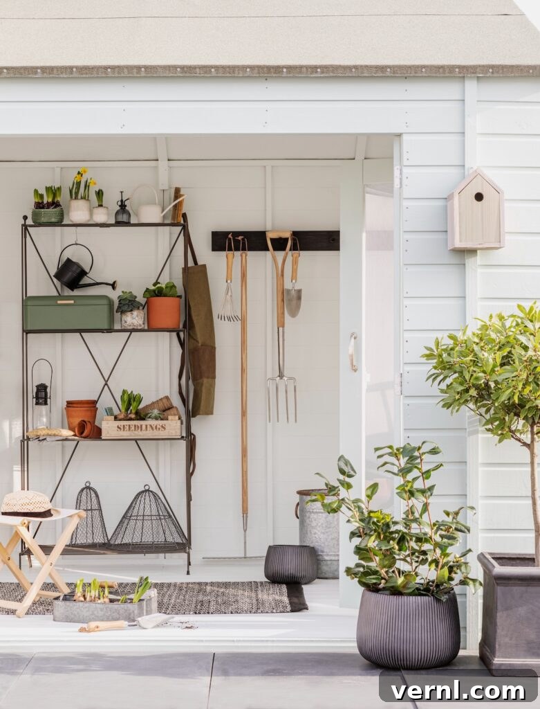 Shed Color Trends 2025 Popular Shades Homeowners Choose 7 Tools neatly hung on the wall inside a white garden shed.