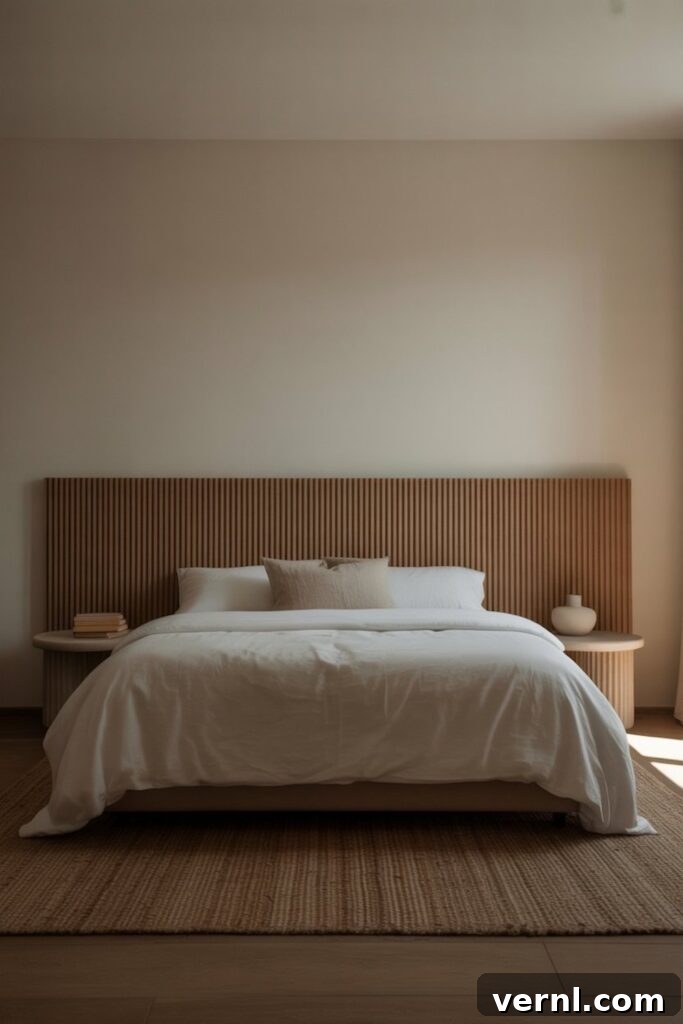 Master Negative Space in Interior Design for Balanced Rooms 3 Minimalist bedroom with wood slat headboard and negative space enhancing calm design.
