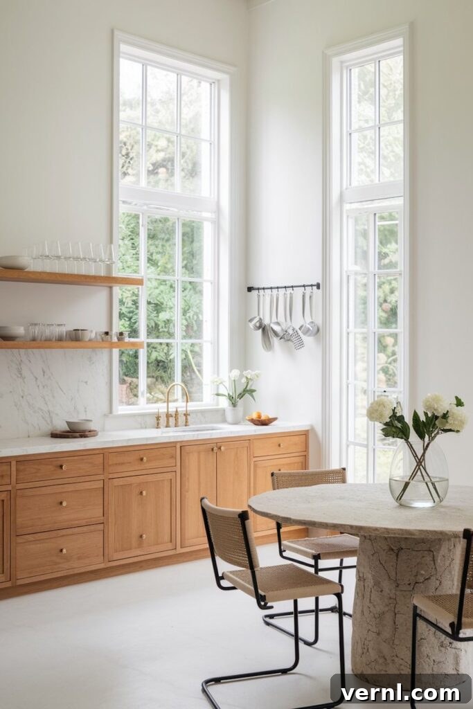 Master Negative Space in Interior Design for Balanced Rooms 4 Bright kitchen with wood cabinetry and stone dining table, showcasing negative space in interior design.