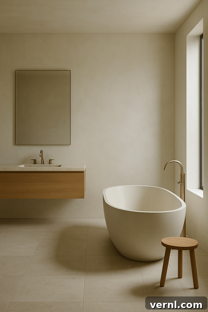 Master Negative Space in Interior Design for Balanced Rooms 5 Minimalist bathroom with freestanding tub and natural wood accents showcasing negative space in design.
