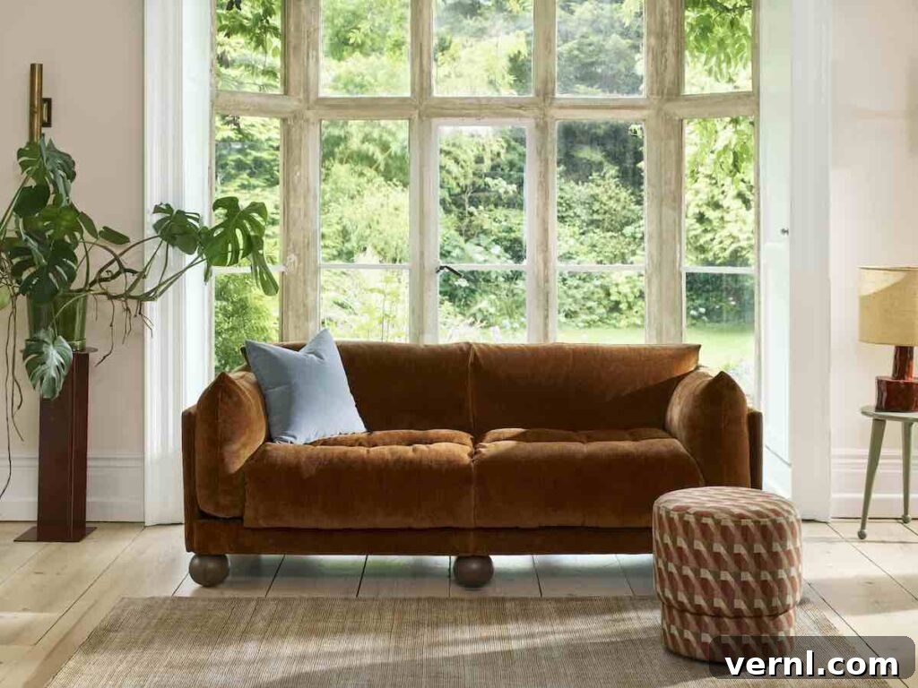 Master Negative Space in Interior Design for Balanced Rooms 6 Living room with velvet sofa and large window showcasing negative space in interior design.