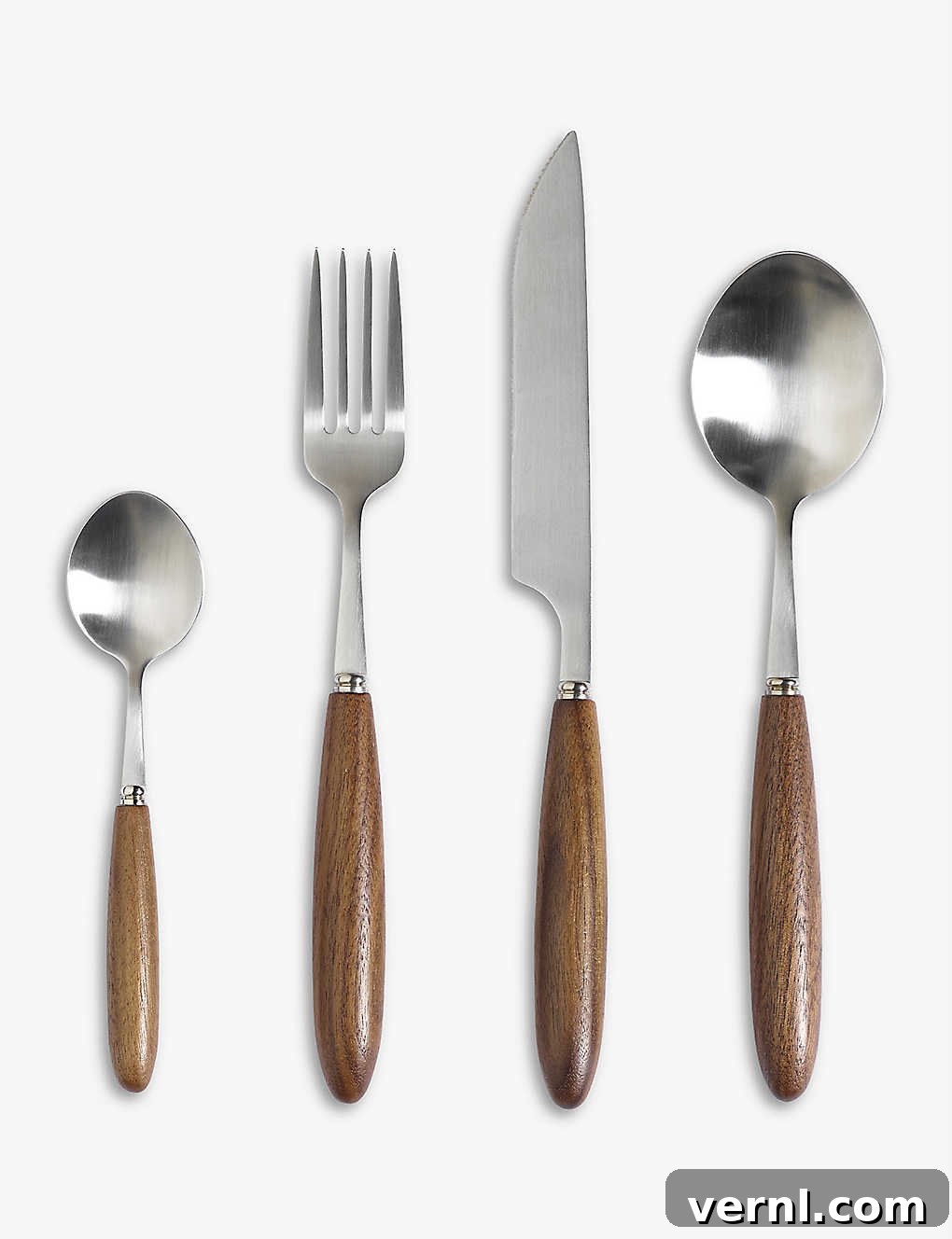 A stainless steel cutlery set with walnut handles