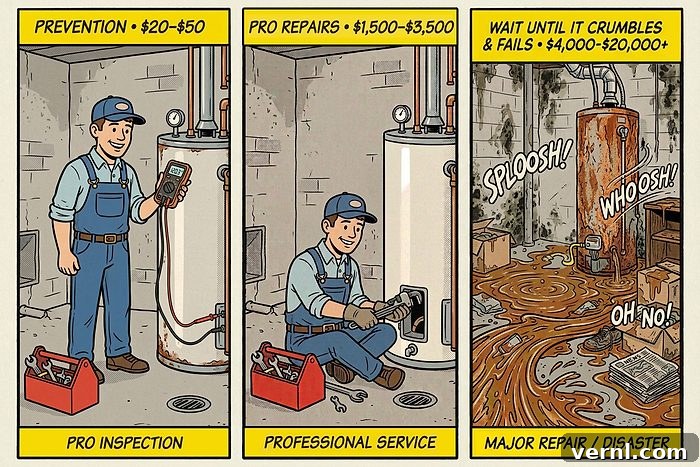 How a Rusted Water Heater Flooded My Basement and Led to Disaster 3 Cost Timeline showing three comic book panels for prevention, professional repairs and major damages.
