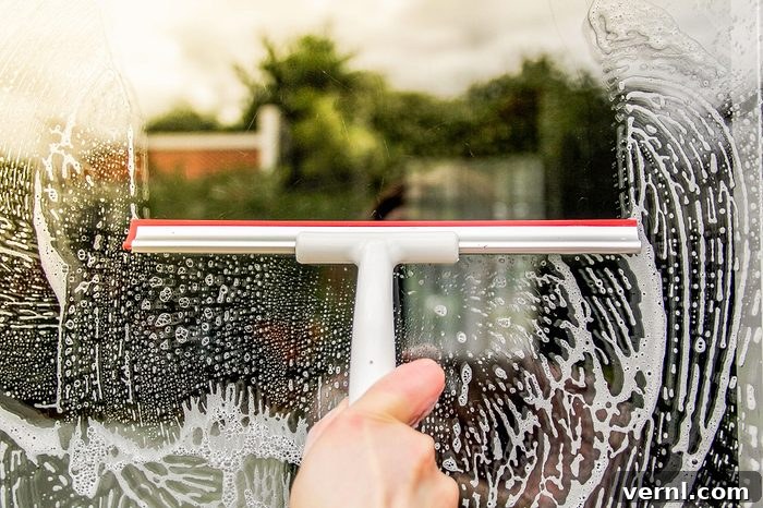 When Cheap Cleaning Tools Cost You More Over Time 2 A hand is using a squeegee to clean a soapy window, with greenery and a blurred outdoor scene visible through the glass.