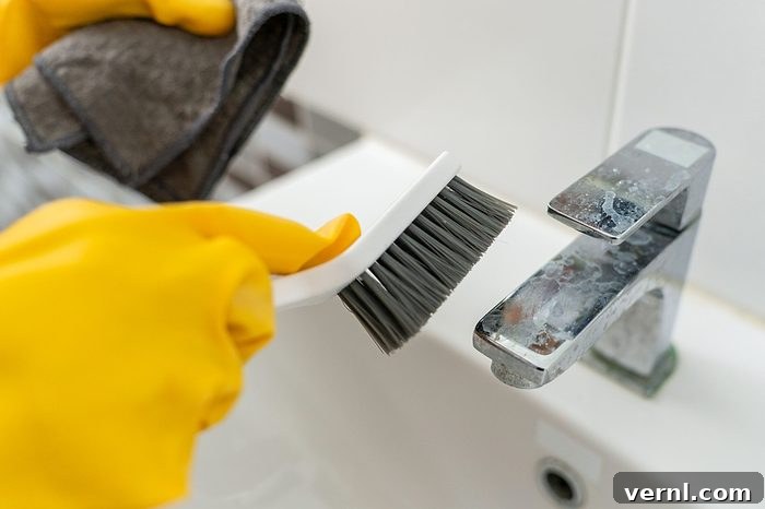 When Cheap Cleaning Tools Cost You More Over Time 3 Close up of woman hands with gloves holding brush cleaning bathroom faucet to remove limescale