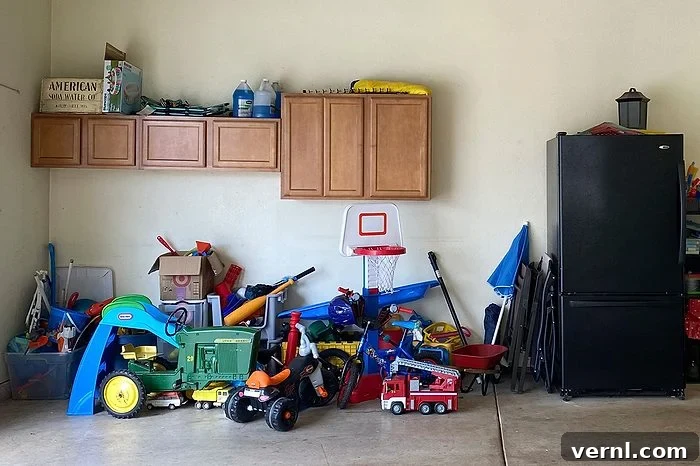 A garage with cabinets, a black refrigerator, and a pile of children’s toys including a basketball hoop, ride-on vehicles, and plastic bins, all clustered against a white wall.