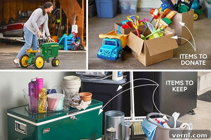 A woman pushes a toy tractor. A box of kids’ toys is labeled “items to donate”; a cooler with household items is labeled “items to keep.”.