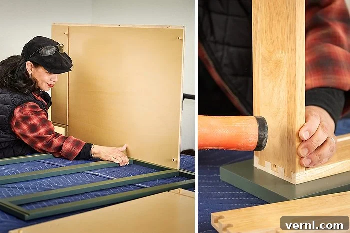 A person assembles wooden furniture, aligning panels on a table in one image and using a rubber mallet to secure a joint in the other.