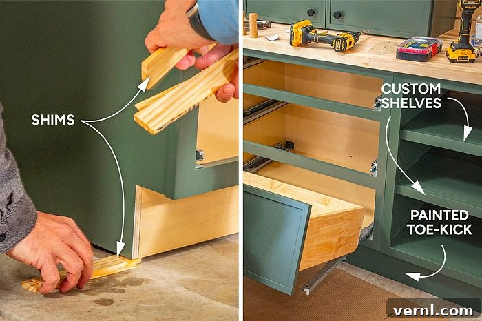 A person places shims under a cabinet near a painted toe-kick, while tools and custom shelves are visible on and in the cabinet. Labels point to shims, custom shelves, and the painted toe-kick.