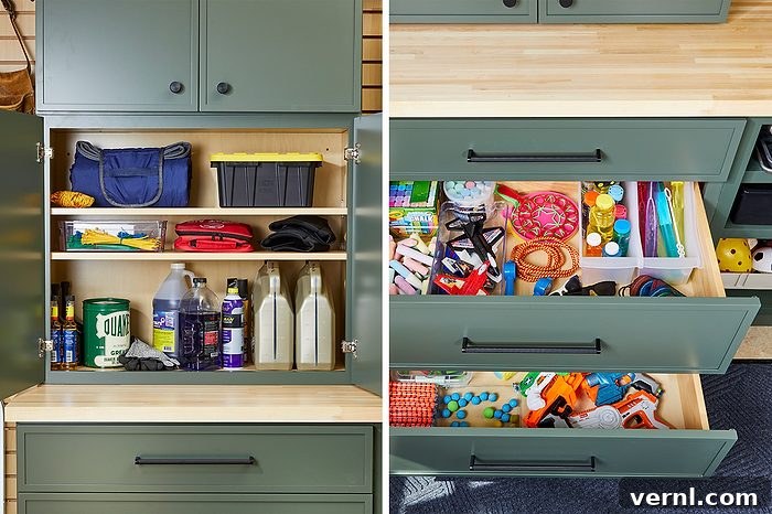 Green storage cabinets with open drawers and doors showing organized items, including bags, bottles, spray cans, tools, and colorful supplies neatly arranged on shelves and in drawers.