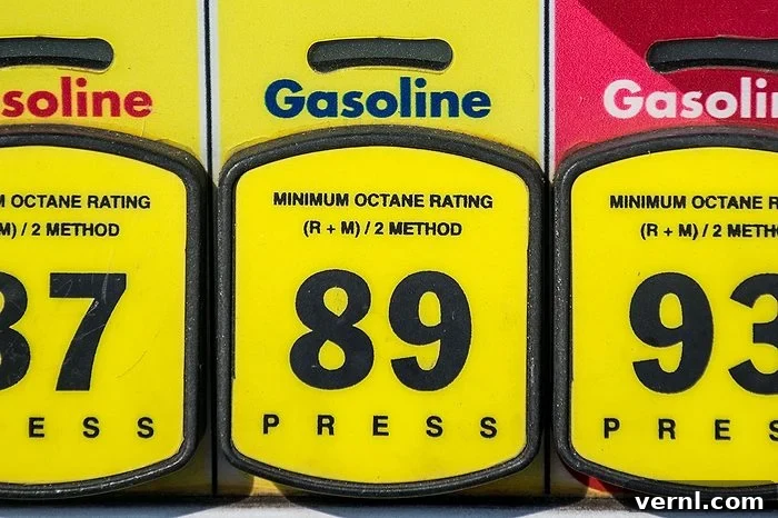 At the gas pump yellow buttons and octane ratings on fossil fuel petrol gasoline 